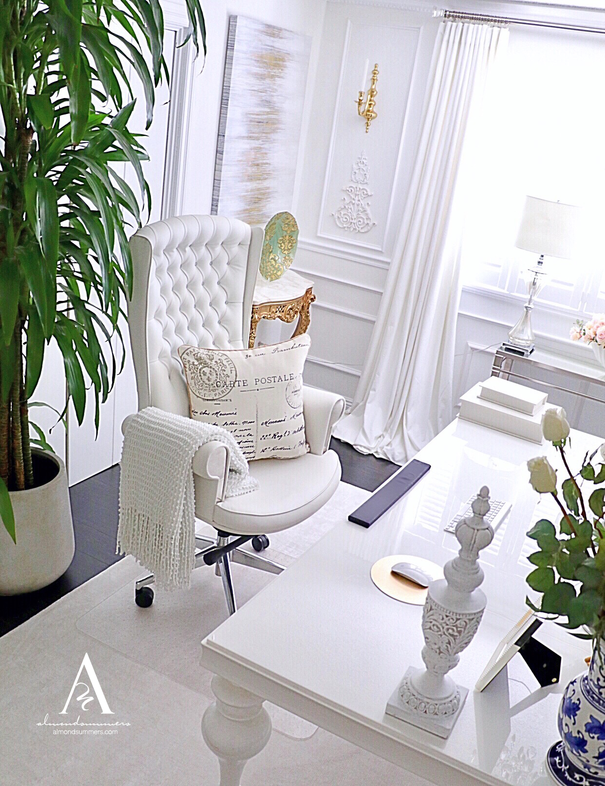 French Office Decor Ideas |Almond Summers Designs | Home Office | Office decor inspiration | French office Decorating Ideas | White Office Chairs